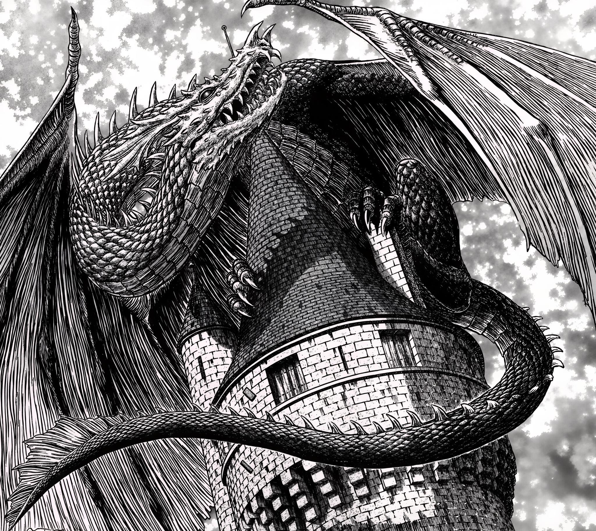 A highly detailed black and white drawing of a large, scaled European-style dragon coiled around the top of a stone tower. The dragon has its wings spread and its mouth open in a roar, a classic fantasy image rendered in Miura's style.