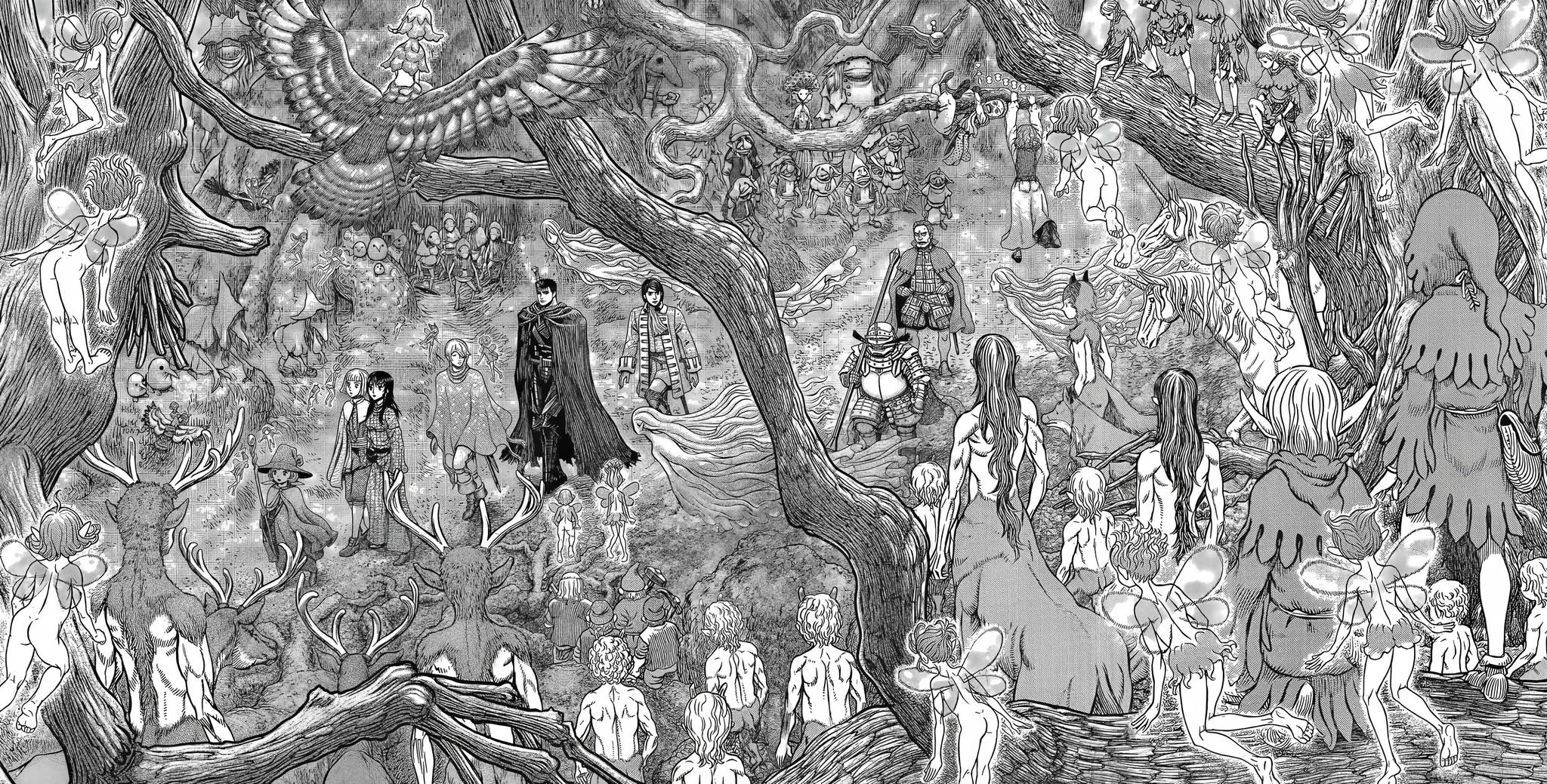 A wide and incredibly detailed manga panel from Berserk showing Guts' party arriving in the magical land of Elfhelm. The scene is filled with countless elves, fairies, and mythical creatures amidst large, ancient trees, offering a rare moment of peace.