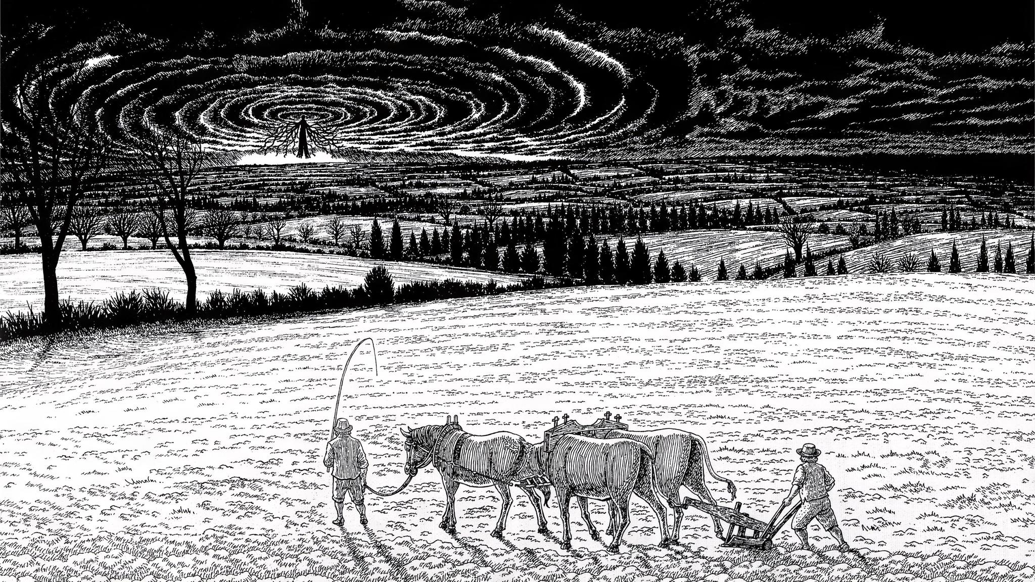 A wide, pastoral landscape from Berserk showing farmers plowing a field, oblivious to the massive, dark, swirling vortex in the sky above that marks the beginning of the Fantasia arc.