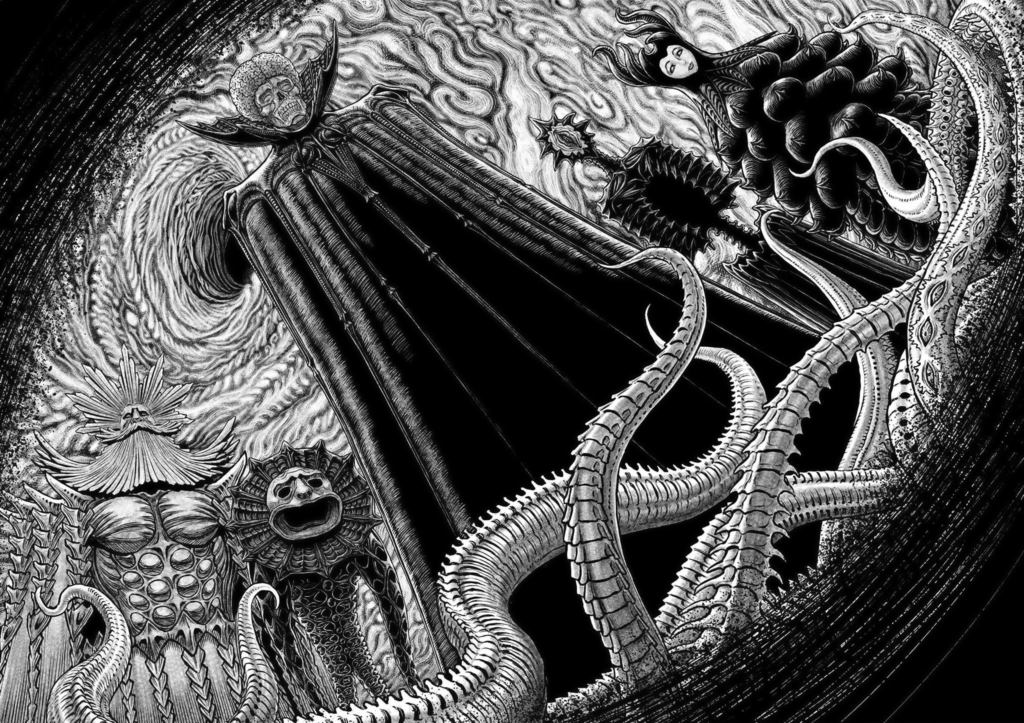 A manga panel showing the members of the God Hand—Void, Slan, Ubik, and Conrad—in their grotesque, demonic forms, surrounded by a swirling, ethereal background, showcasing Kentaro Miura's detailed art.