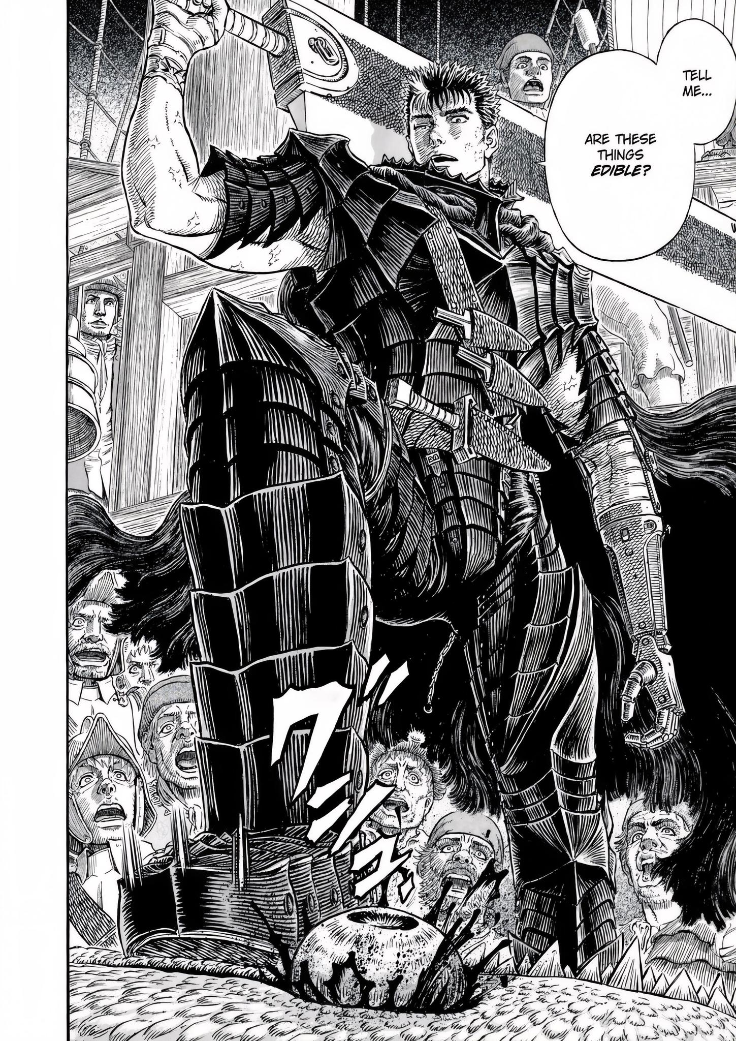 Guts in his Black Swordsman armor stands over a defeated apostle, holding his massive sword, Dragonslayer. A speech bubble reads, 'Tell me... Are these things edible?' as shocked onlookers watch this iconic Berserk panel.