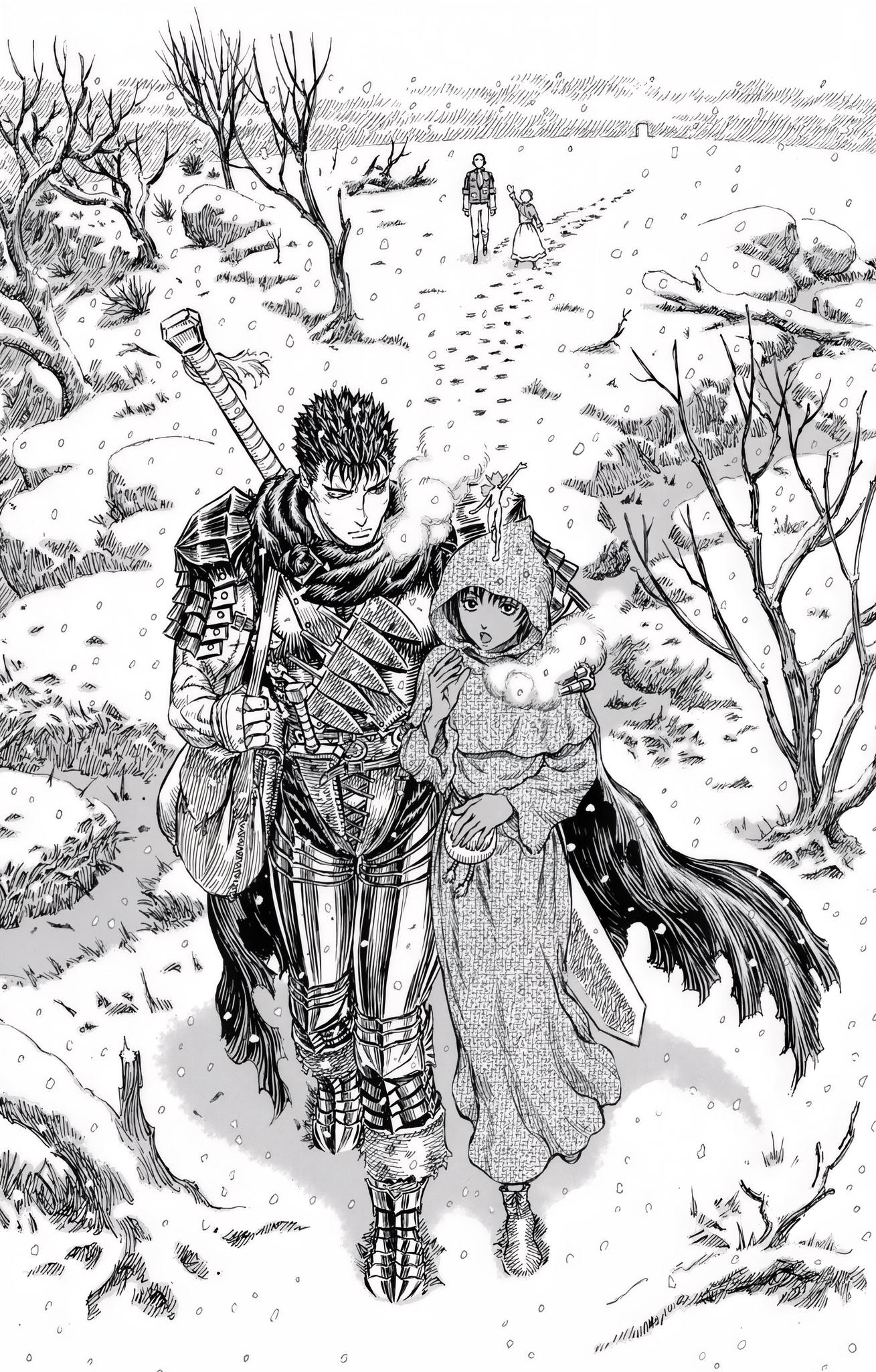 A somber black and white panel of Guts in his armor and Casca in a simple hooded robe walking together through a snowy landscape. The fairy Puck sits on Guts' shoulder, representing a moment of quiet travel in Berserk.