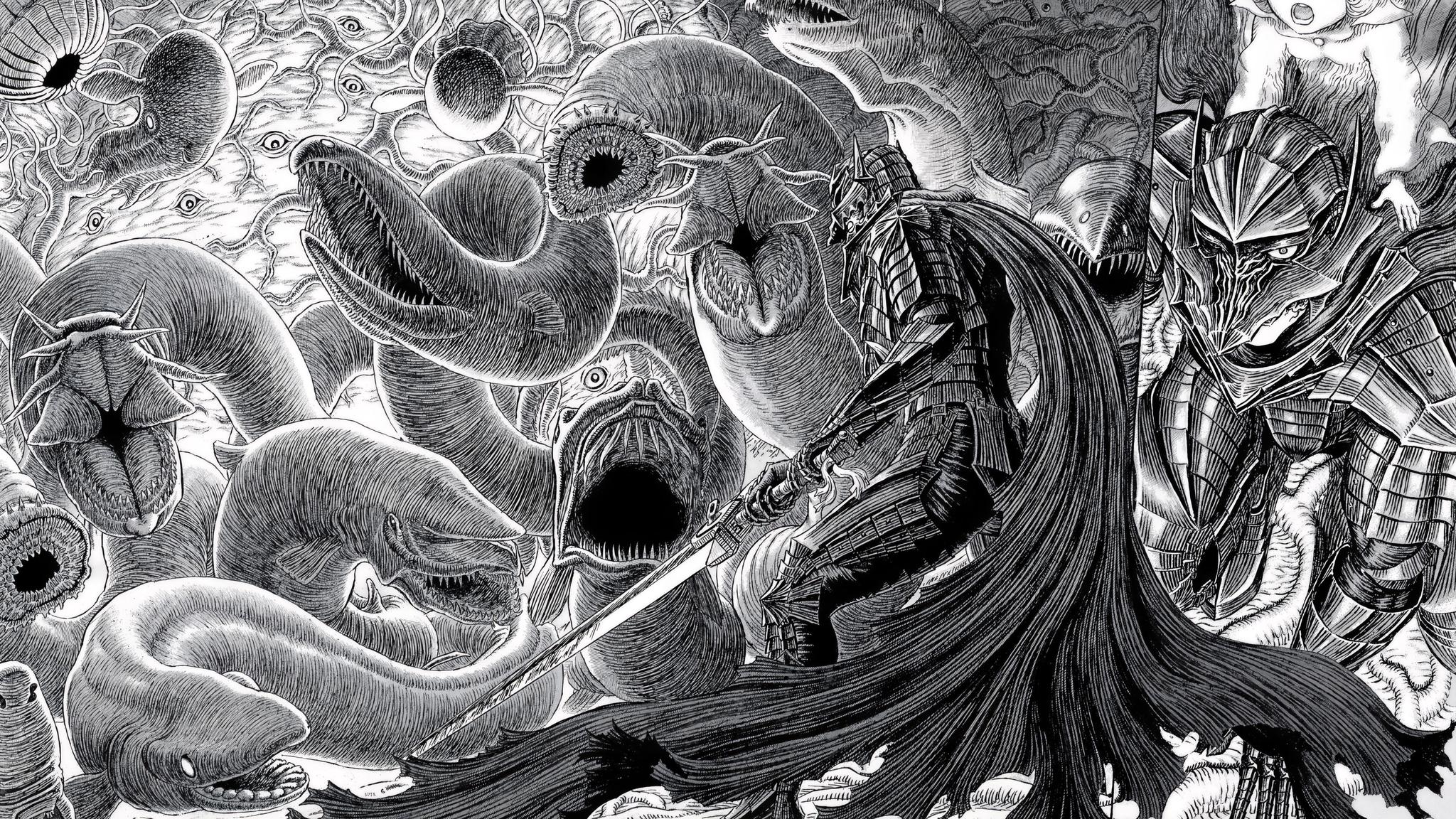 A dynamic action panel of Guts completely consumed by his Berserker Armor, with the wolf-like helm active. He is swinging his sword amidst a swarm of horrifying, multi-eyed sea monsters in a chaotic battle scene from the Berserk manga.