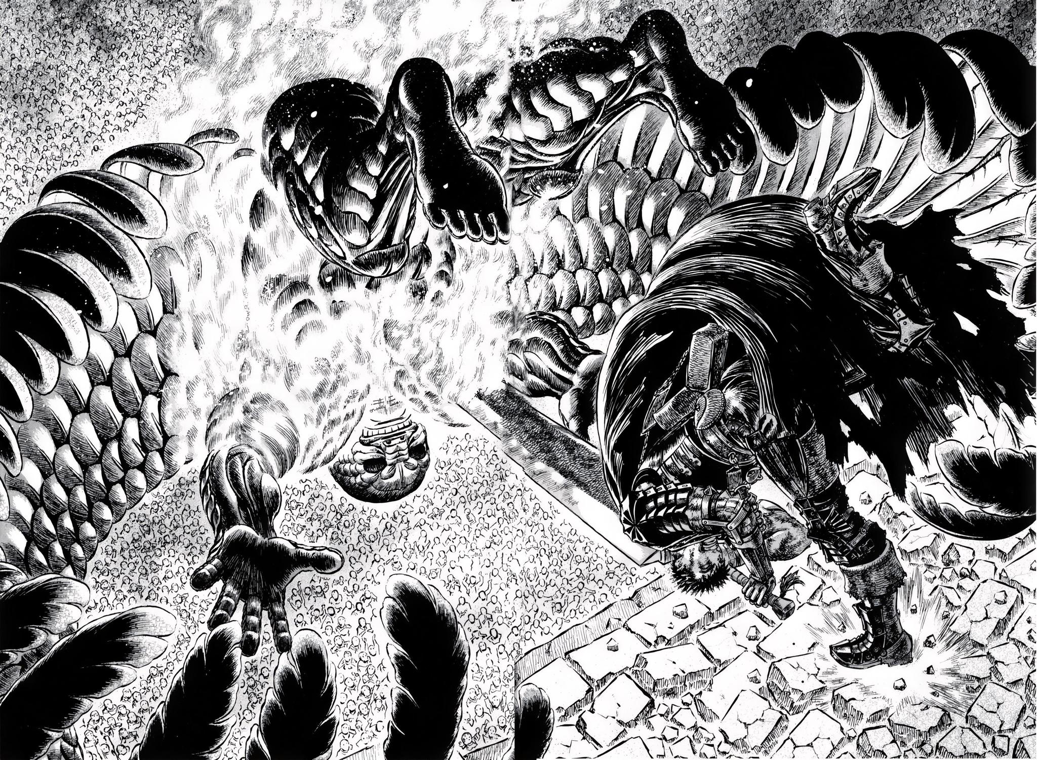 Guts in his dark Berserker Armor stands over the massive, shattered, and flaming body of the defeated Father Mozgus at the end of the Conviction arc in the Berserk manga.
