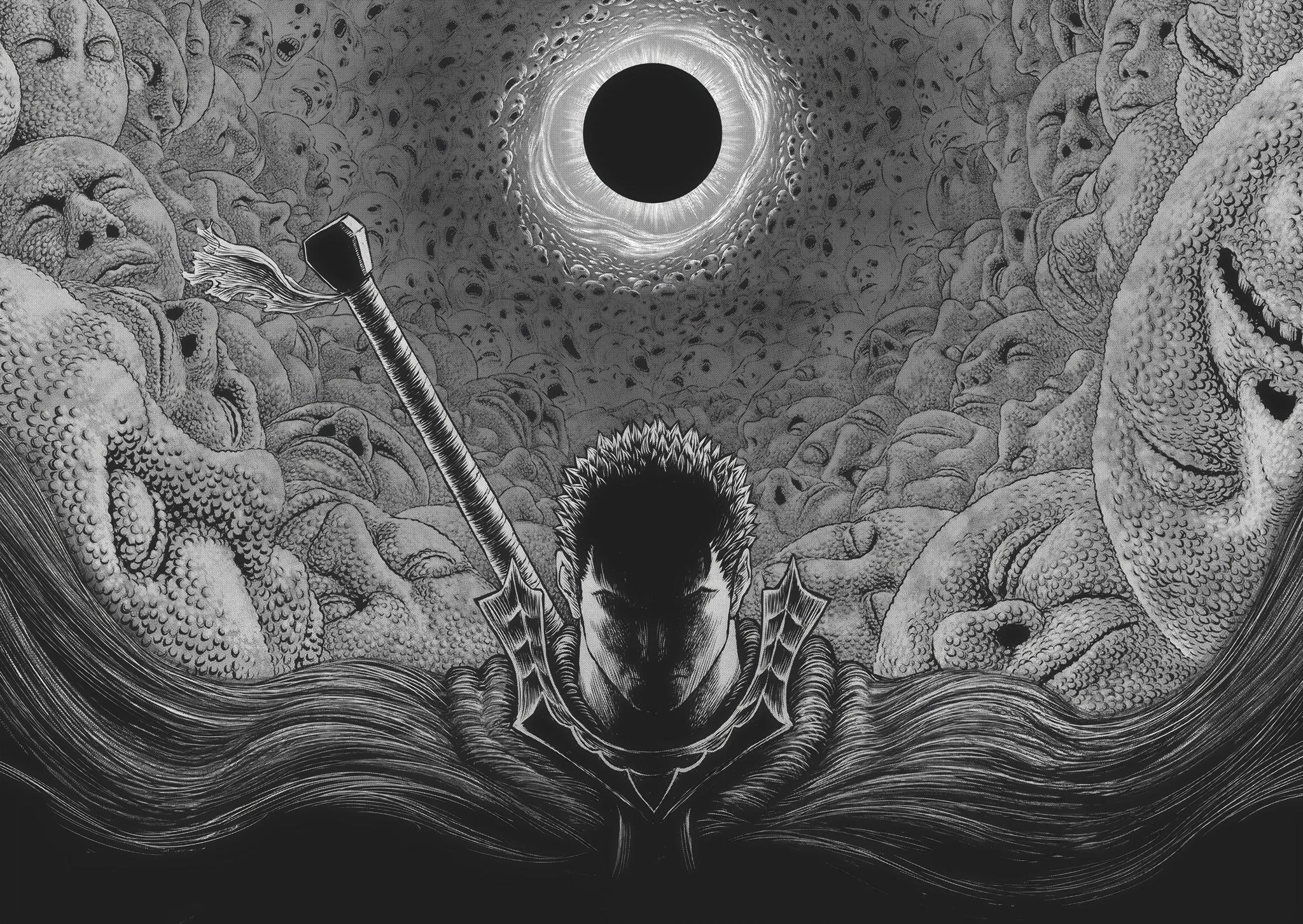 A black and white manga panel from Berserk showing Guts from the chest up, his face in shadow. Above him is a black, eclipsed sun, and the background is filled with a writhing mass of monstrous faces and bodies.