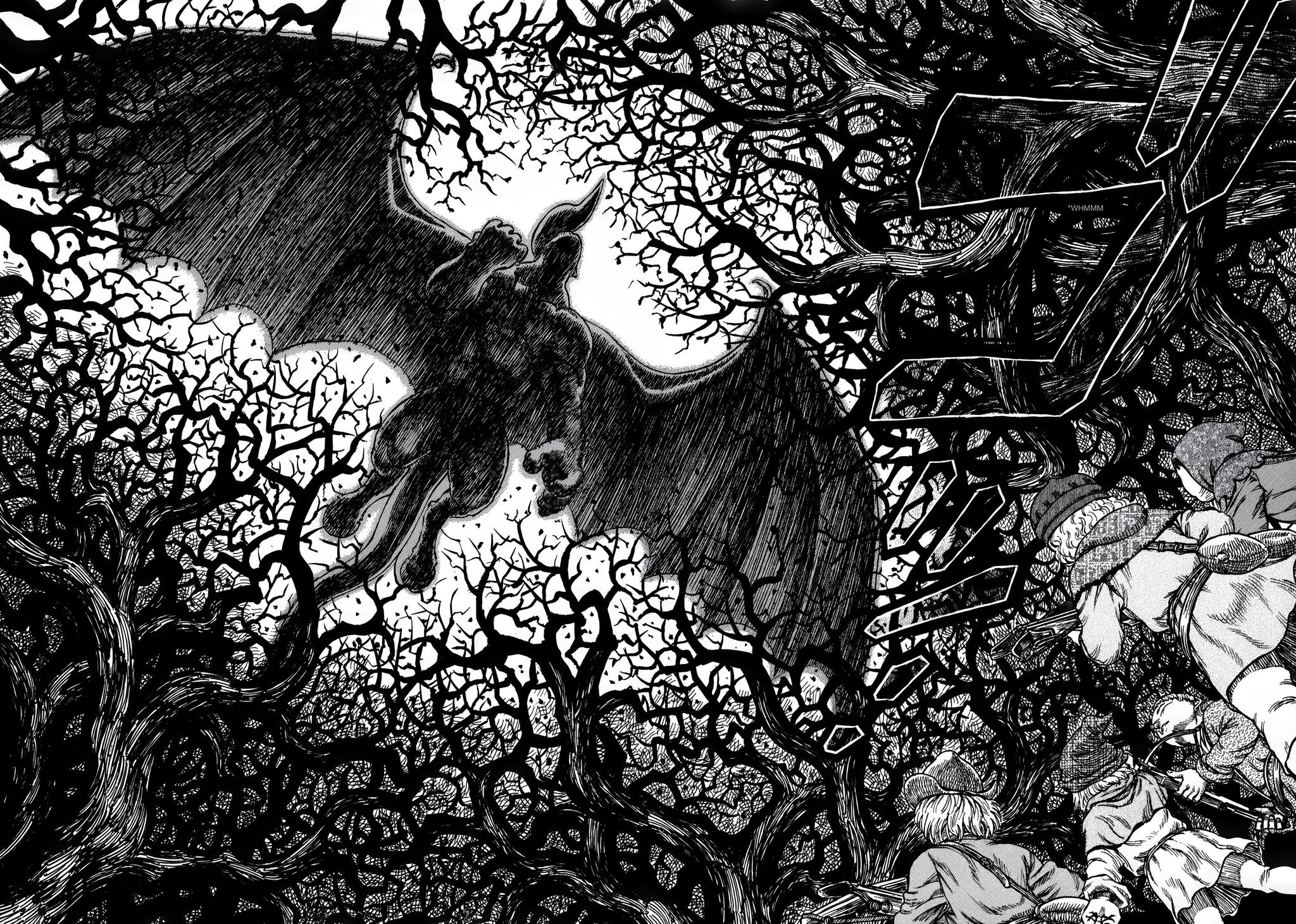 The dark silhouette of the bat-winged demon, Nosferatu Zodd, flying against a bright light source. The foreground is filled with the intricate, black branches of a menacing forest, perfectly capturing the horror of Berserk.