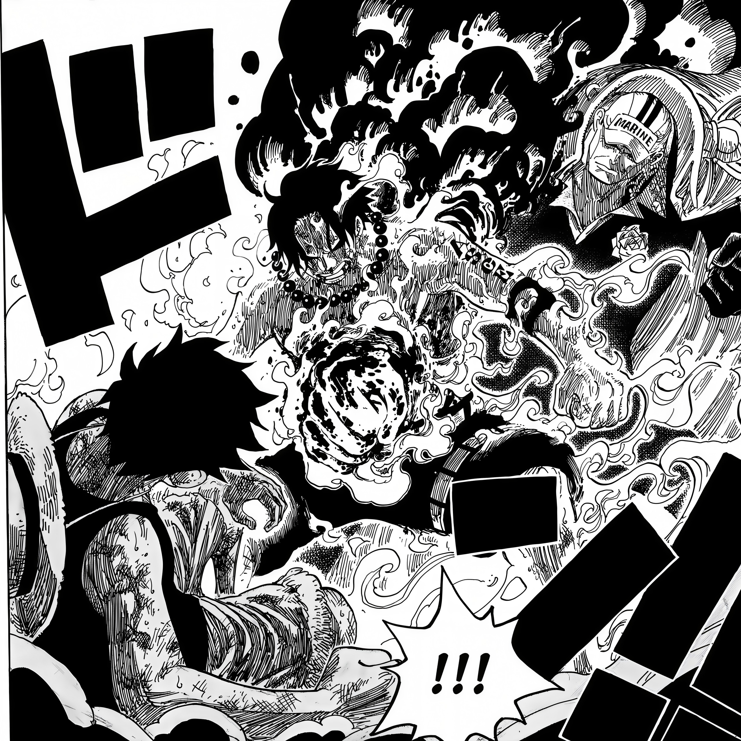 Dramatic scene from One Piece manga/anime about the death of Ace: Portgas D. Ace sacrifices himself, taking a devastating blow from Admiral Akainu to protect his brother, Monkey D. Luffy, during the Marineford arc. This pivotal moment depicts Ace's fiery abilities and Akainu's magma power in a powerful, emotional panel.