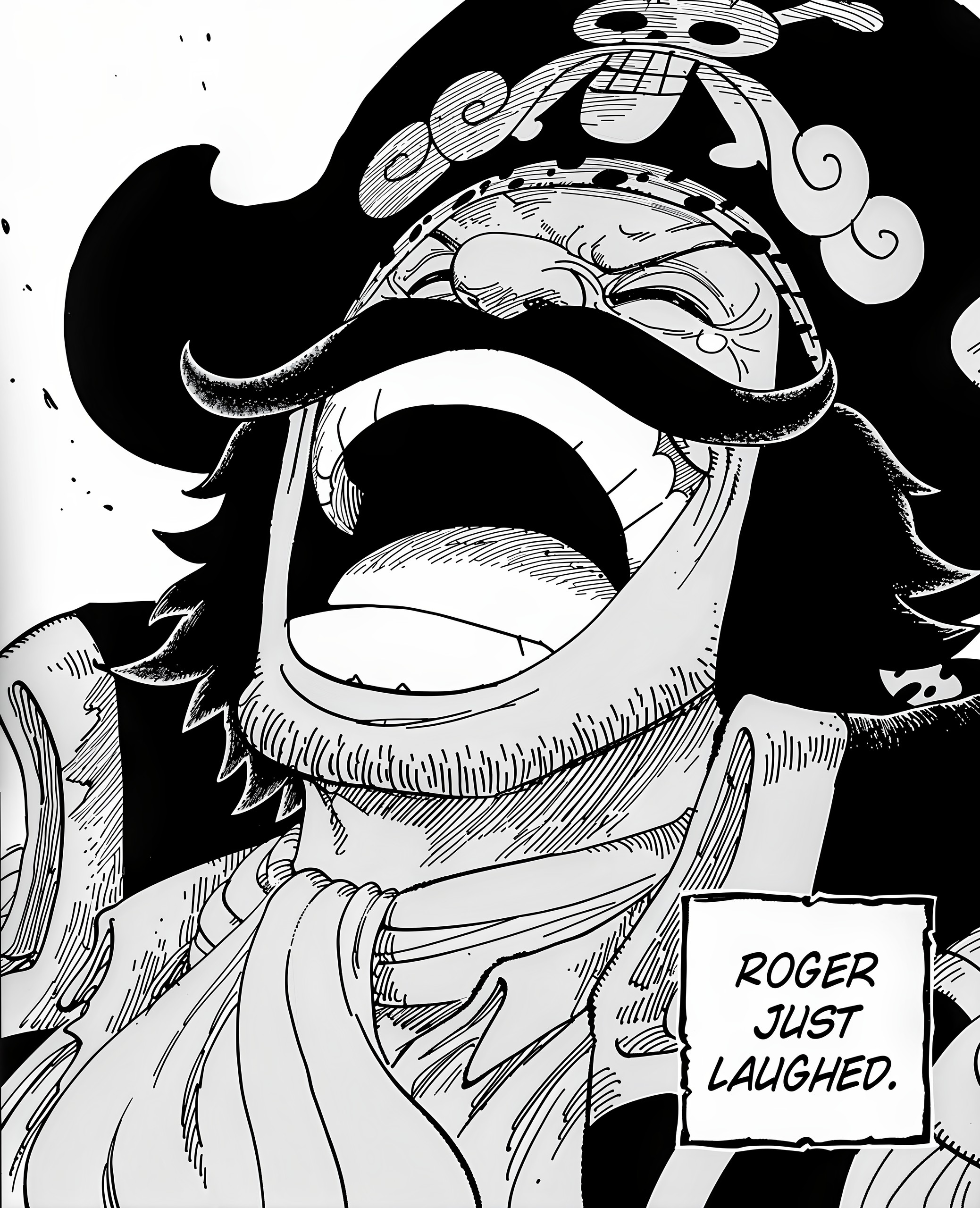 Iconic panel from One Piece featuring Gol D. Roger, the Pirate King, erupting in laughter upon reaching the final island, Laughtale (Laugh Tale), where he discovered the legendary treasure, the One Piece. This image captures the moment described as 'Roger Just Laughed' and is a pivotal scene in the series.