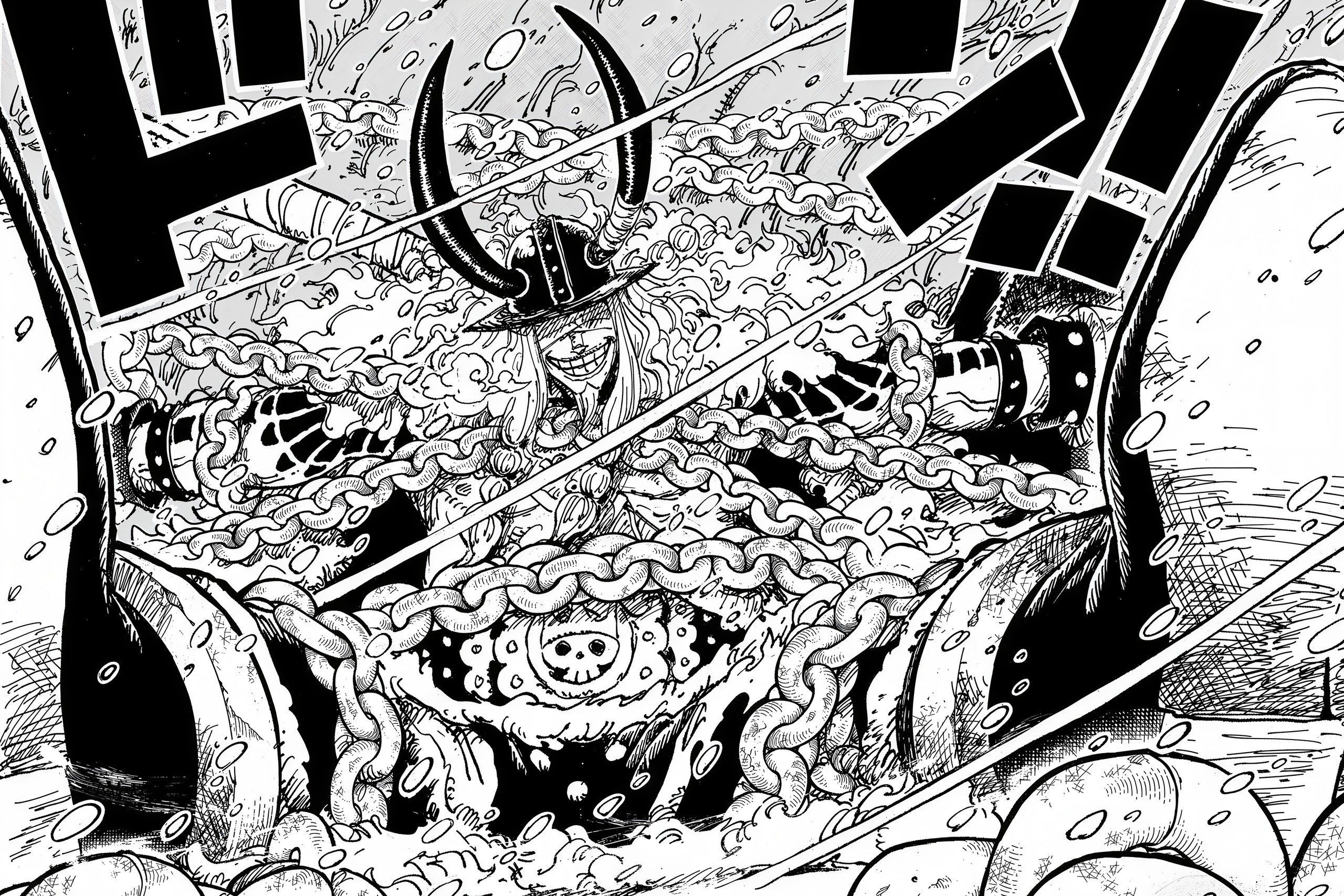 Image of Loki from the One Piece series, depicted as a giant figure heavily bound in chains and wearing a distinctive horned helmet. This artwork showcases the powerful appearance of the character Loki, Prince of Elbaf, as he appears in the world of One Piece.