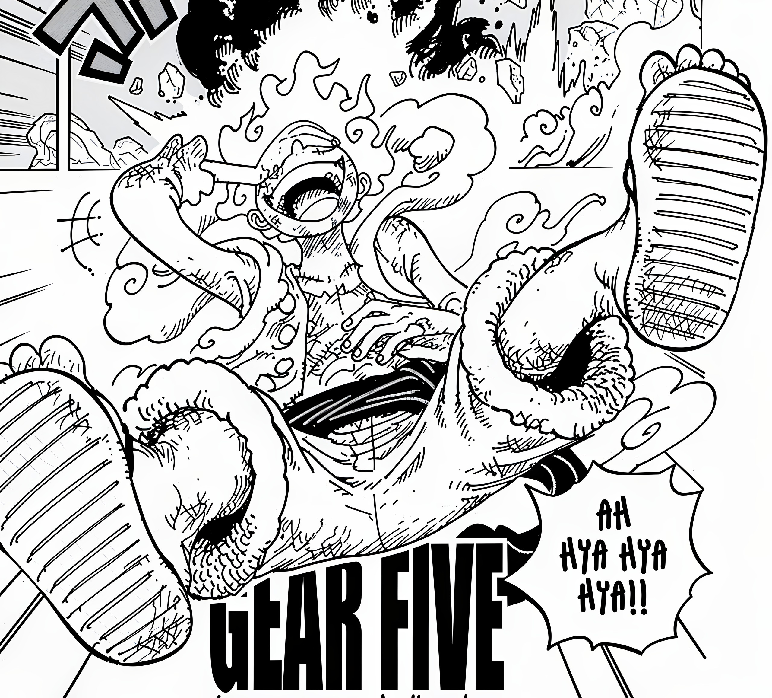 Exciting panel from the One Piece manga/anime showcasing Monkey D. Luffy in his powerful Gear 5 transformation. This form, achieved through the awakening of his Hito Hito no Mi, Model: Nika devil fruit, grants him cartoon-like abilities and immense freedom in combat. The image highlights the distinctive visual characteristics of Gear 5 Luffy, including his white hair and playful, powerful appearance.