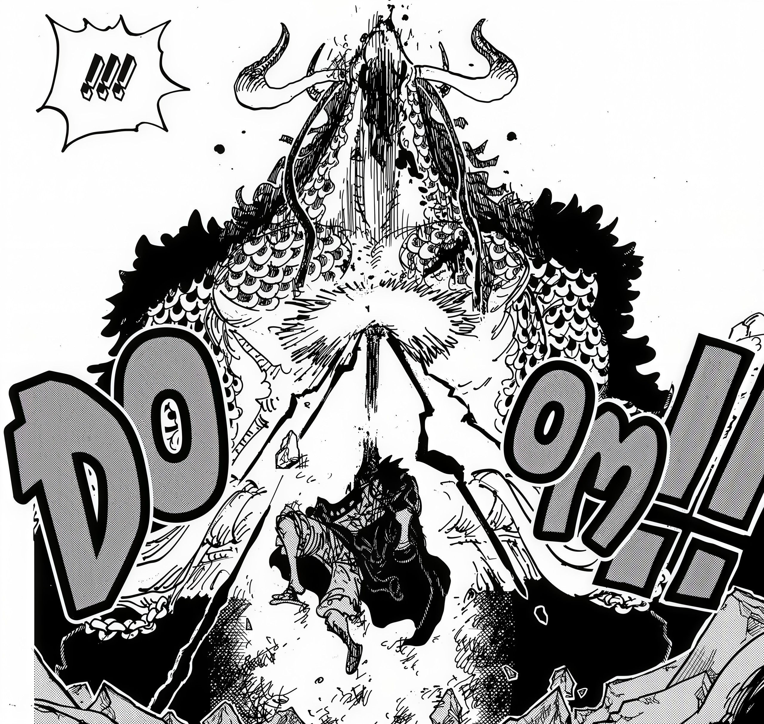 Epic battle scene from the One Piece manga/anime featuring Monkey D. Luffy landing a devastating uppercut on Kaido in his formidable dragon form during the climax of the Wano arc. This image captures the intensity of their fight and Luffy's determination to defeat the Emperor of the Sea.