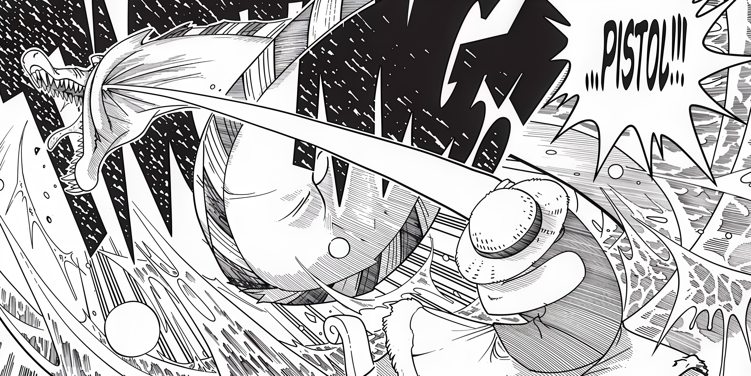 Memorable scene from the early chapters/episodes of One Piece where a young Monkey D. Luffy demonstrates his strength by defeating a massive Sea King with his signature attack, Gum-Gum Pistol. This image highlights Luffy's determination and the power of his devil fruit abilities even at the beginning of his journey to become the Pirate King.