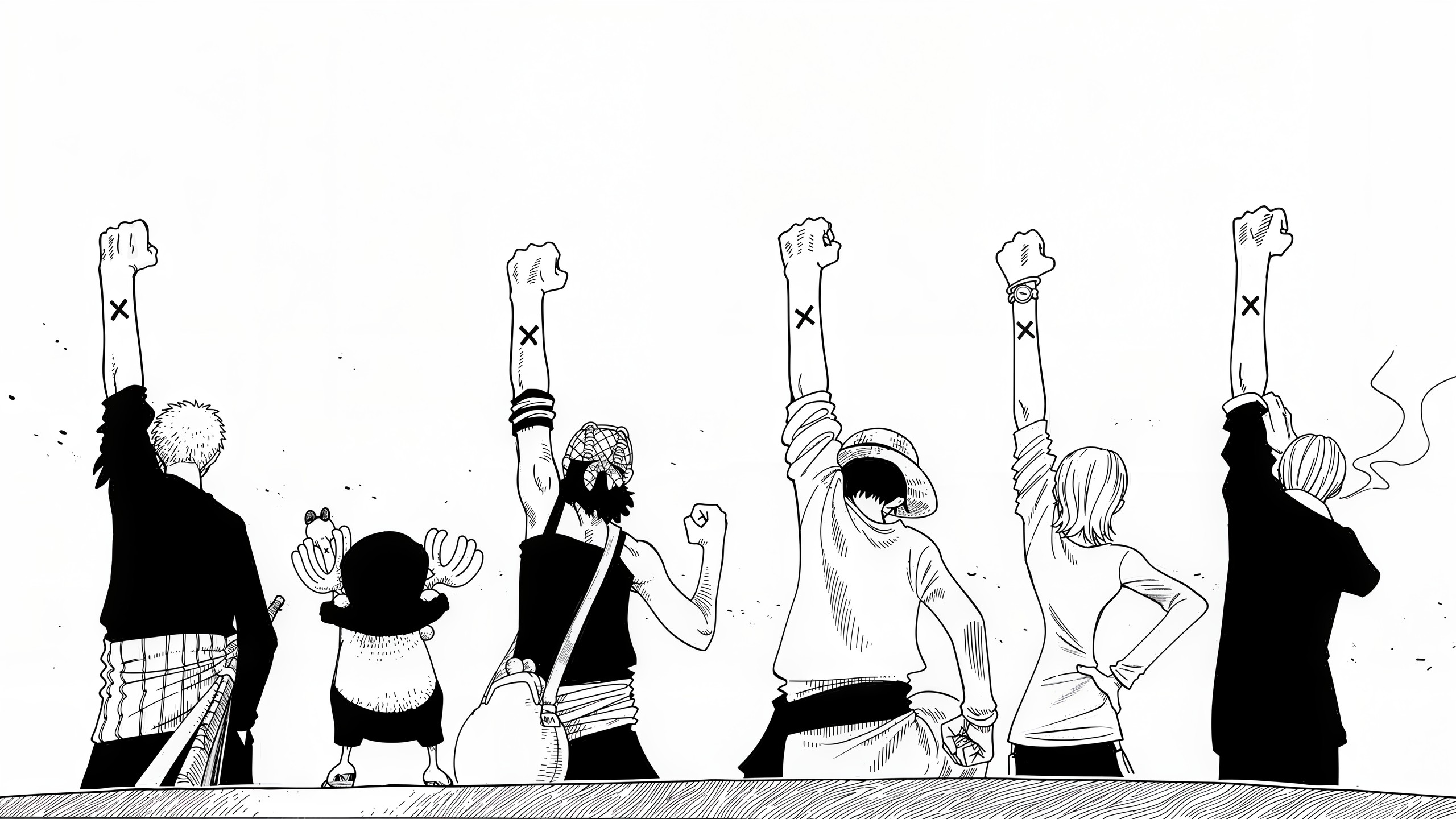 An incredibly emotional and iconic scene from the Alabasta arc of One Piece, depicting the Straw Hat Pirates raising their fists to reveal the 'X' mark on their arms. This silent gesture serves as their unbreakable promise and farewell to Princess Nefertari Vivi, symbolizing their bond and friendship without words, standing against the backdrop of their adventure in Alabasta.