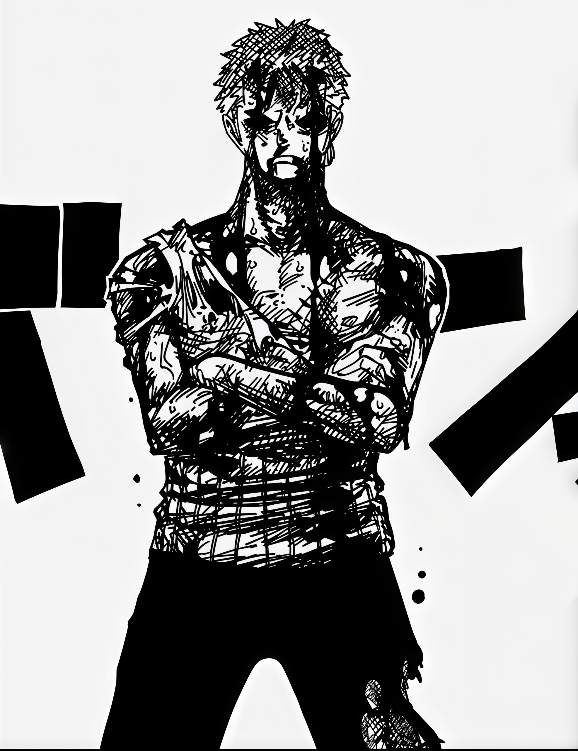 Legendary scene from the Thriller Bark arc of One Piece featuring Roronoa Zoro standing covered in blood with his arms crossed, after absorbing all of Monkey D. Luffy's pain and fatigue from Bartholomew Kuma. This iconic 'Nothing Happened' moment showcases Zoro's incredible endurance, loyalty, and determination, solidifying his status as a formidable swordsman and Straw Hat Pirate.